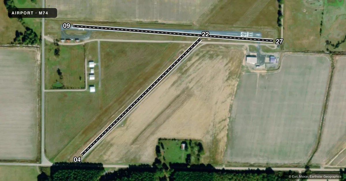 Top-down satellite sketch of M74 BALD KNOB MUNI in BALD KNOB, ARKANSAS, showing runways 09/27, 04/22 drawn to scale over Esri World Imagery