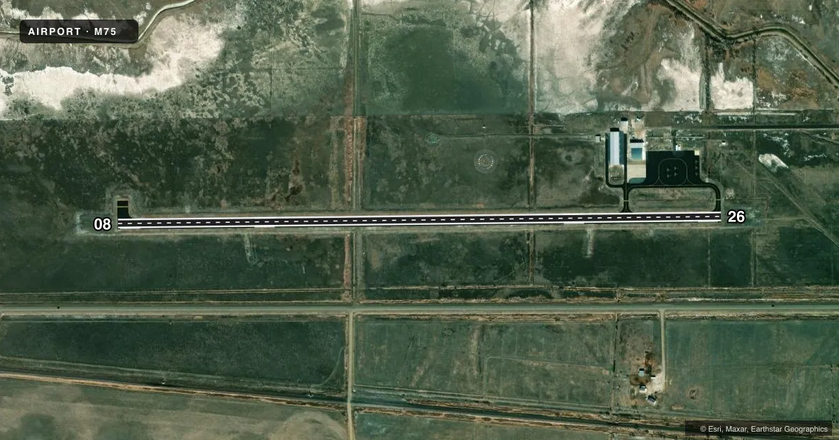 Top-down satellite sketch of M75 MALTA in MALTA, MONTANA, showing runways 08/26 drawn to scale over Esri World Imagery