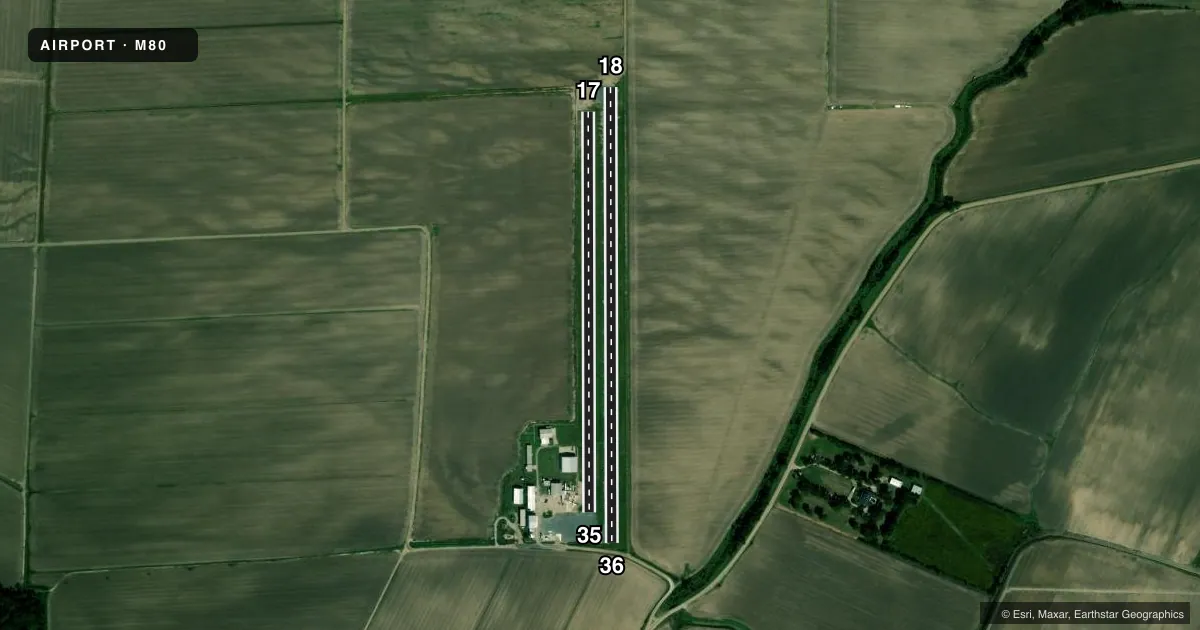 Top-down satellite sketch of M80 SCOTT in TALLULAH, LOUISIANA, showing runways 18/36, 17/35 drawn to scale over Esri World Imagery
