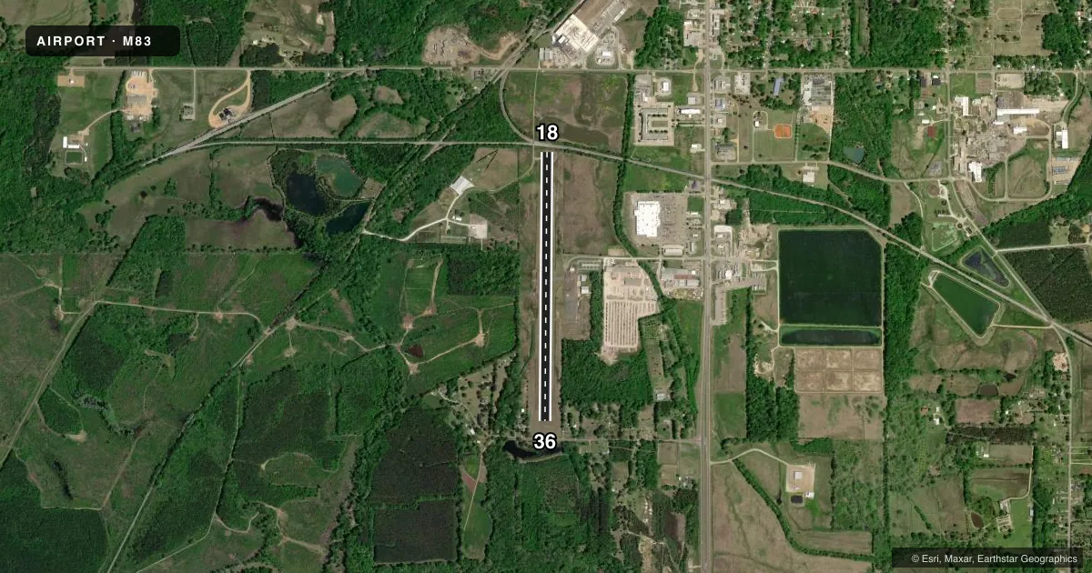 Top-down satellite sketch of M83 MCCHAREN FLD in WEST POINT, MISSISSIPPI, showing runways 18/36 drawn to scale over Esri World Imagery