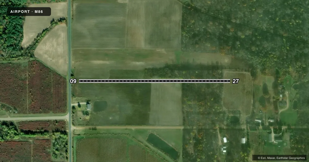 Top-down satellite sketch of M86 WALLE FLD in PULLMAN, MICHIGAN, showing runways 09/27 drawn to scale over Esri World Imagery