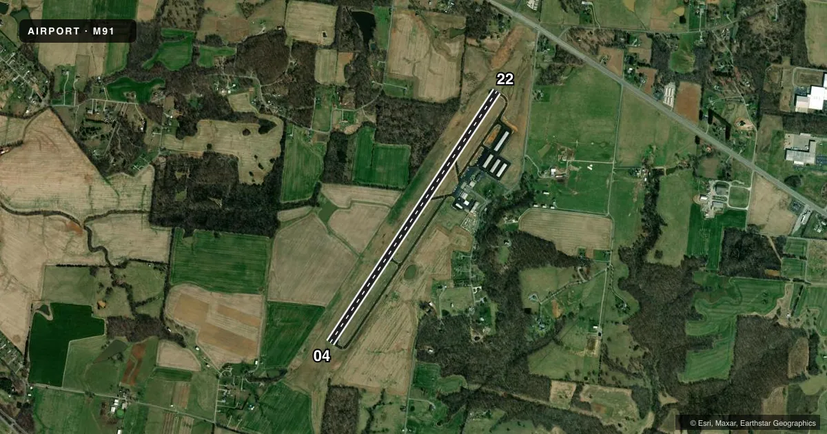 Top-down satellite sketch of M91 SPRINGFIELD ROBERTSON COUNTY in SPRINGFIELD, TENNESSEE, showing runways 04/22 drawn to scale over Esri World Imagery