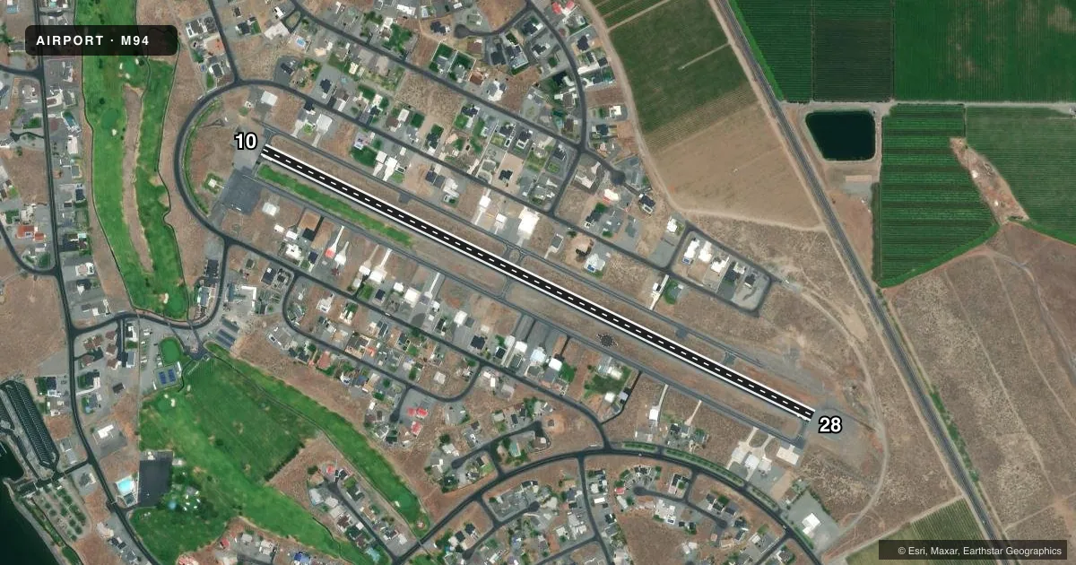 Top-down satellite sketch of M94 DESERT AIRE RGNL in MATTAWA, WASHINGTON, showing runways 10/28 drawn to scale over Esri World Imagery