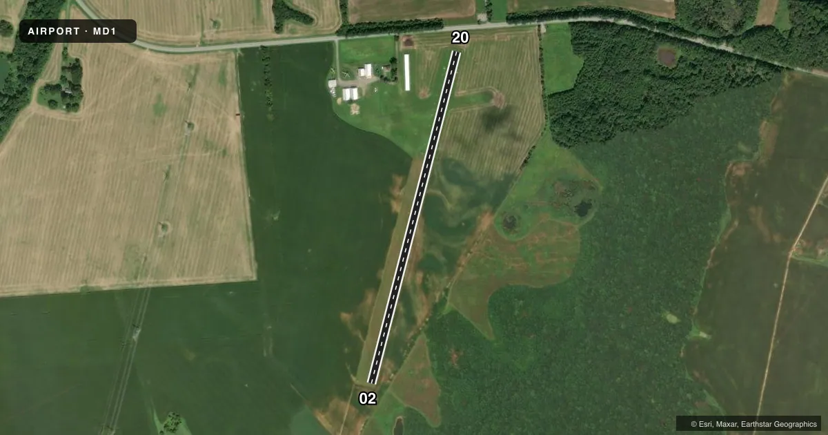 Top-down satellite sketch of MD1 MASSEY AERODROME in MASSEY, MARYLAND, showing runways 02/20 drawn to scale over Esri World Imagery
