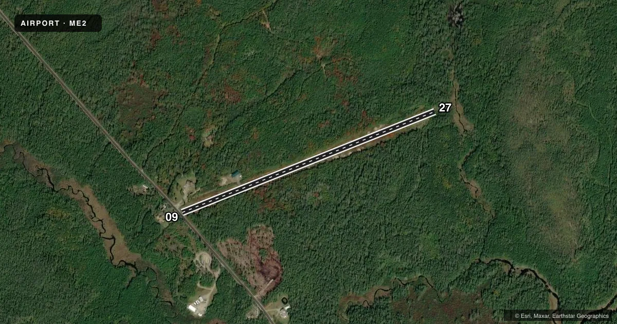 Top-down satellite sketch of ME2 CUTLER RGNL in CUTLER, MAINE, showing runways 09/27 drawn to scale over Esri World Imagery