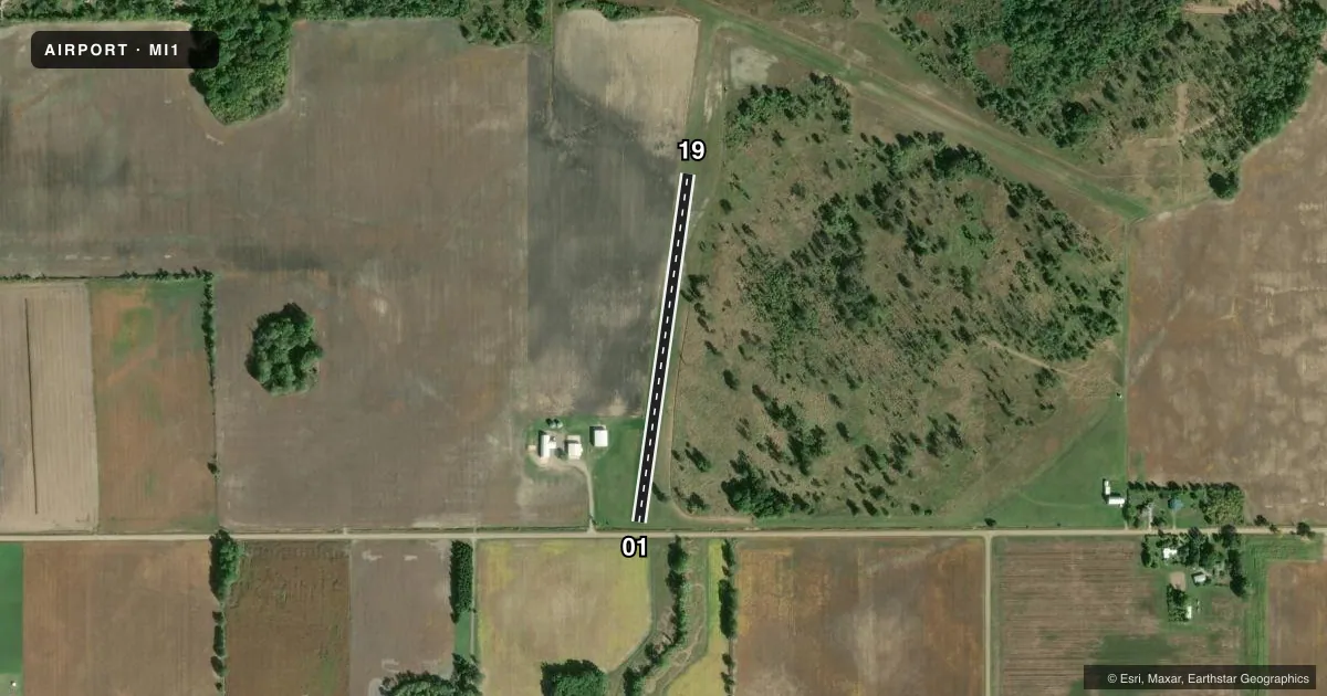 Top-down satellite sketch of MI1 DENTON FARMS in CLARE, MICHIGAN, showing runways 01/19 drawn to scale over Esri World Imagery