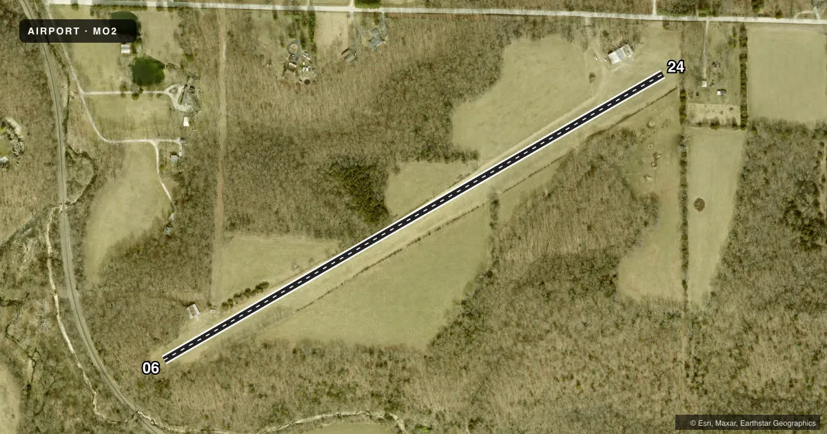 Top-down satellite sketch of MO2 FLYING BAR H RANCH in SPRINGFIELD, MISSOURI, showing runways 06/24 drawn to scale over Esri World Imagery