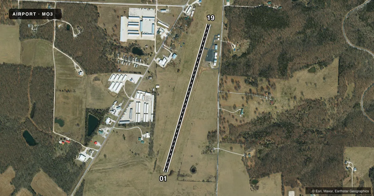 Top-down satellite sketch of MO3 STOCKTON LAKE in STOCKTON, MISSOURI, showing runways 01/19 drawn to scale over Esri World Imagery