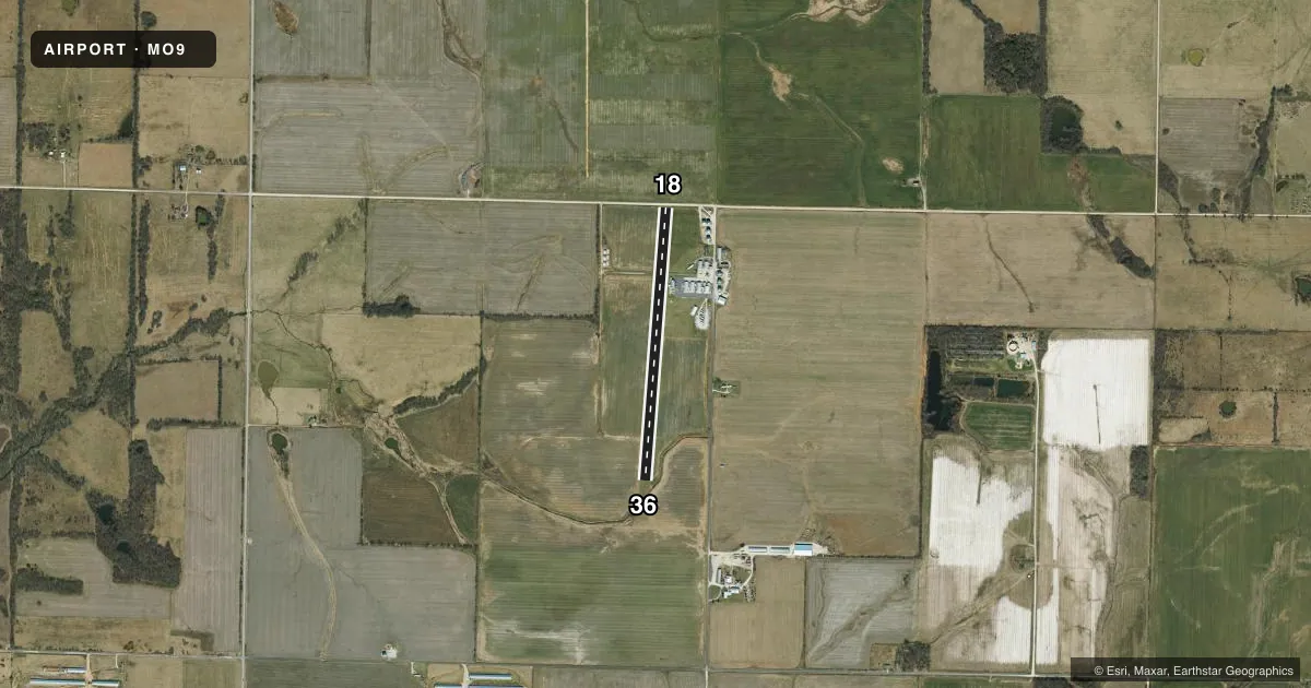 Top-down satellite sketch of MO9 KINGSLEY AIRFIELD in MILLER, MISSOURI, showing runways 18/36 drawn to scale over Esri World Imagery