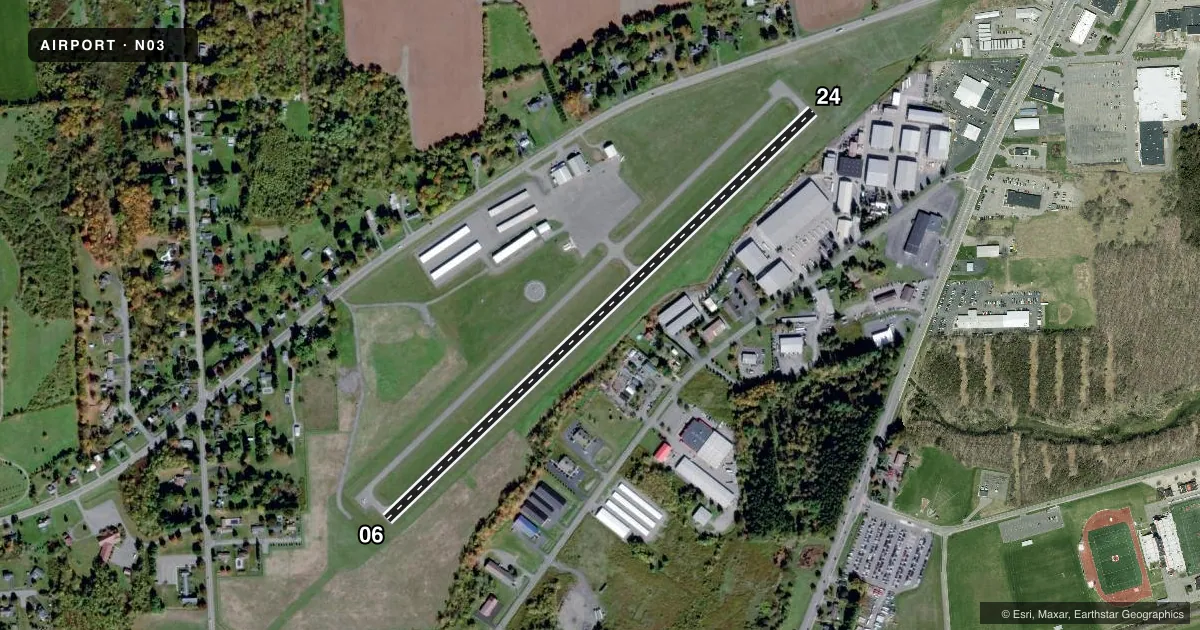 Top-down satellite sketch of N03 CORTLAND COUNTY/CHASE FLD in CORTLAND, NEW YORK, showing runways 06/24 drawn to scale over Esri World Imagery