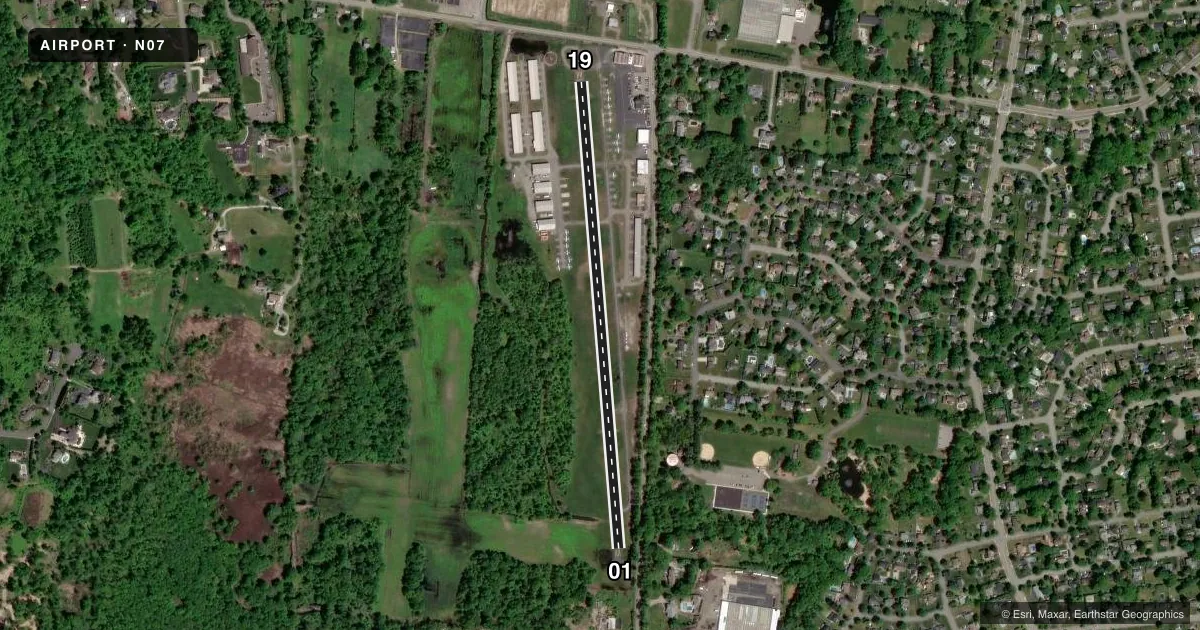 Top-down satellite sketch of N07 LINCOLN PARK in LINCOLN PARK, NEW JERSEY, showing runways 01/19 drawn to scale over Esri World Imagery