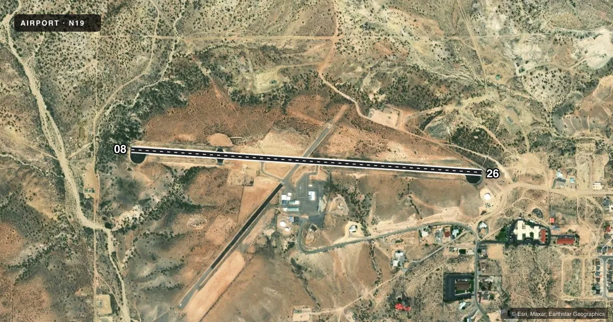 Top-down satellite sketch of N19 AZTEC MUNI in AZTEC, NEW MEXICO, showing runways 08/26 drawn to scale over Esri World Imagery