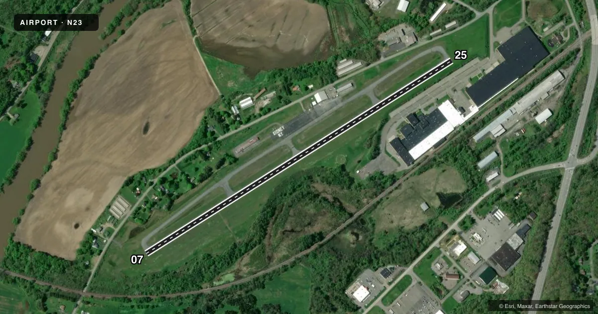 Top-down satellite sketch of N23 SIDNEY MUNI in SIDNEY, NEW YORK, showing runways 07/25 drawn to scale over Esri World Imagery