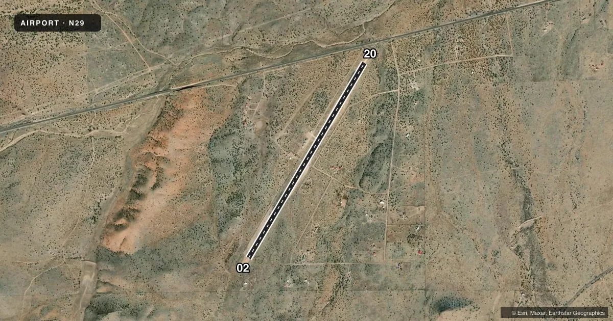 Top-down satellite sketch of N29 MAGDALENA in MAGDALENA, NEW MEXICO, showing runways 02/20 drawn to scale over Esri World Imagery