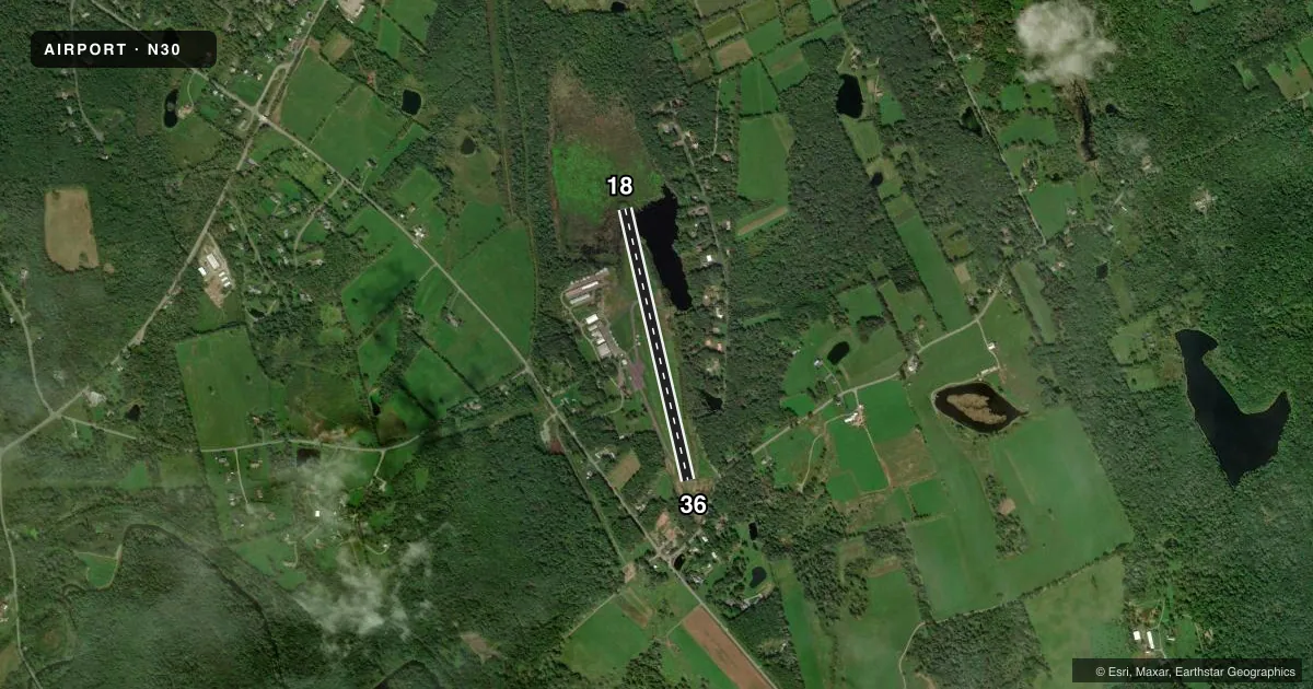 Top-down satellite sketch of N30 CHERRY RIDGE in HONESDALE, PENNSYLVANIA, showing runways 18/36 drawn to scale over Esri World Imagery