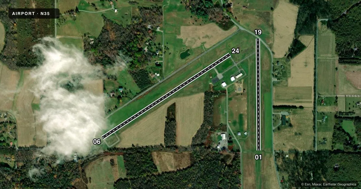 Top-down satellite sketch of N35 PUNXSUTAWNEY MUNI in PUNXSUTAWNEY, PENNSYLVANIA, showing runways 06/24, 01/19 drawn to scale over Esri World Imagery