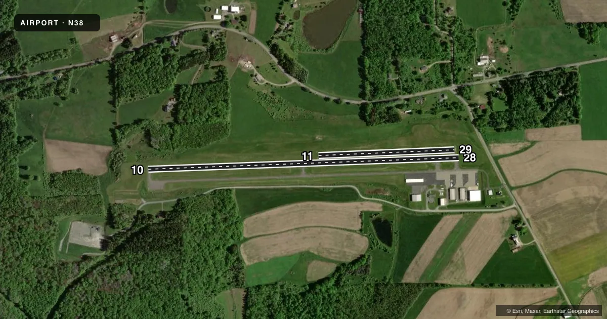 Top-down satellite sketch of N38 GRAND CANYON RGNL in WELLSBORO, PENNSYLVANIA, showing runways 10/28, 11/29 drawn to scale over Esri World Imagery