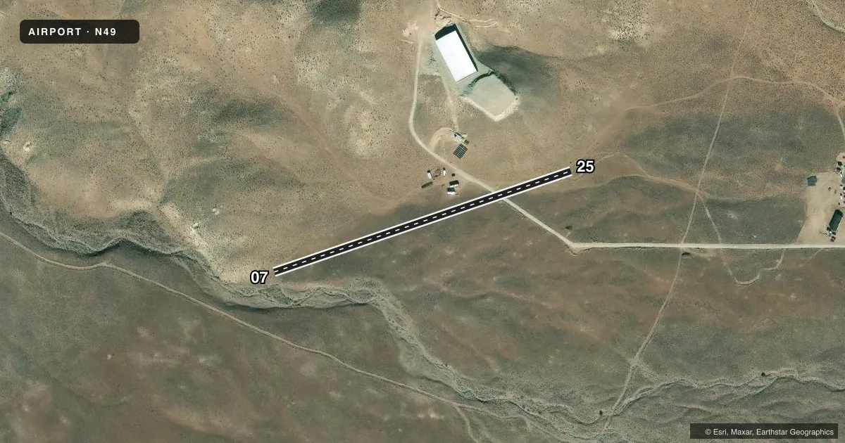 Top-down satellite sketch of N49 ROSE QUARTZ RANCH in STAGECOACH, NEVADA, showing runways 07/25 drawn to scale over Esri World Imagery