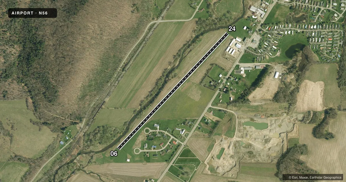 Top-down satellite sketch of N56 GREAT VALLEY in GREAT VALLEY, NEW YORK, showing runways 06/24 drawn to scale over Esri World Imagery