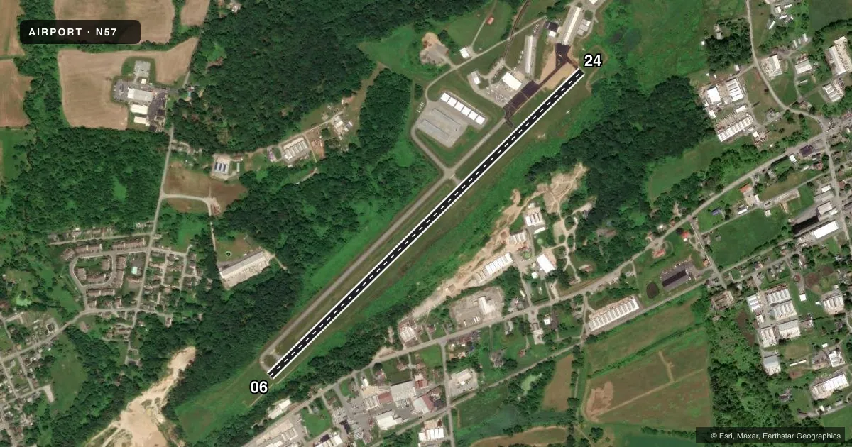 Top-down satellite sketch of N57 NEW GARDEN in TOUGHKENAMON, PENNSYLVANIA, showing runways 06/24 drawn to scale over Esri World Imagery
