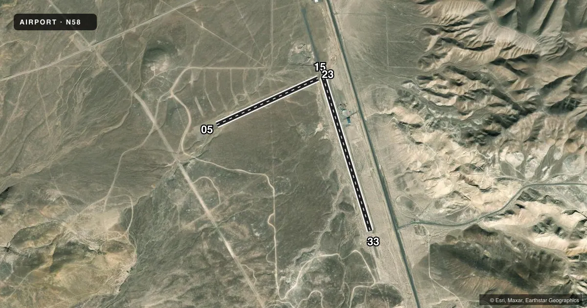 Top-down satellite sketch of N58 SAMSARG FLD in FERNLEY, NEVADA, showing runways 15/33, 05/23 drawn to scale over Esri World Imagery