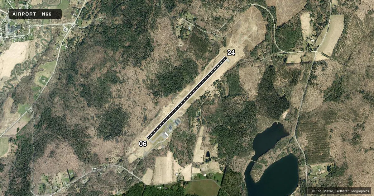 Top-down satellite sketch of N66 ALBERT S NADER RGNL in ONEONTA, NEW YORK, showing runways 06/24 drawn to scale over Esri World Imagery