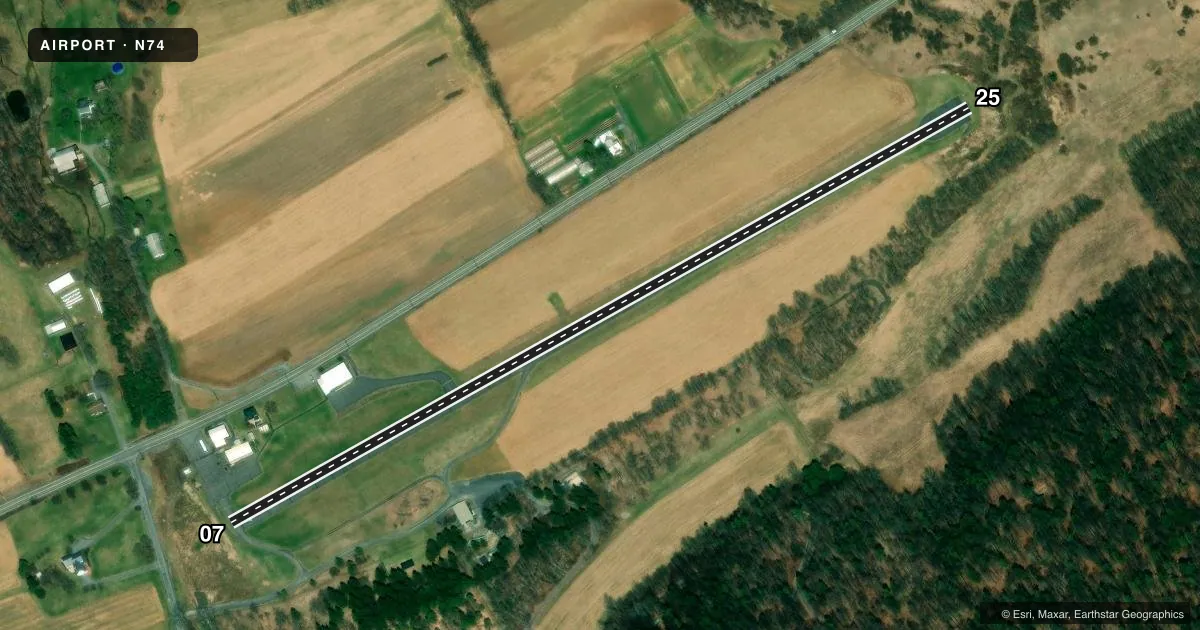 Top-down satellite sketch of N74 PENNS CAVE in CENTRE HALL, PENNSYLVANIA, showing runways 07/25 drawn to scale over Esri World Imagery