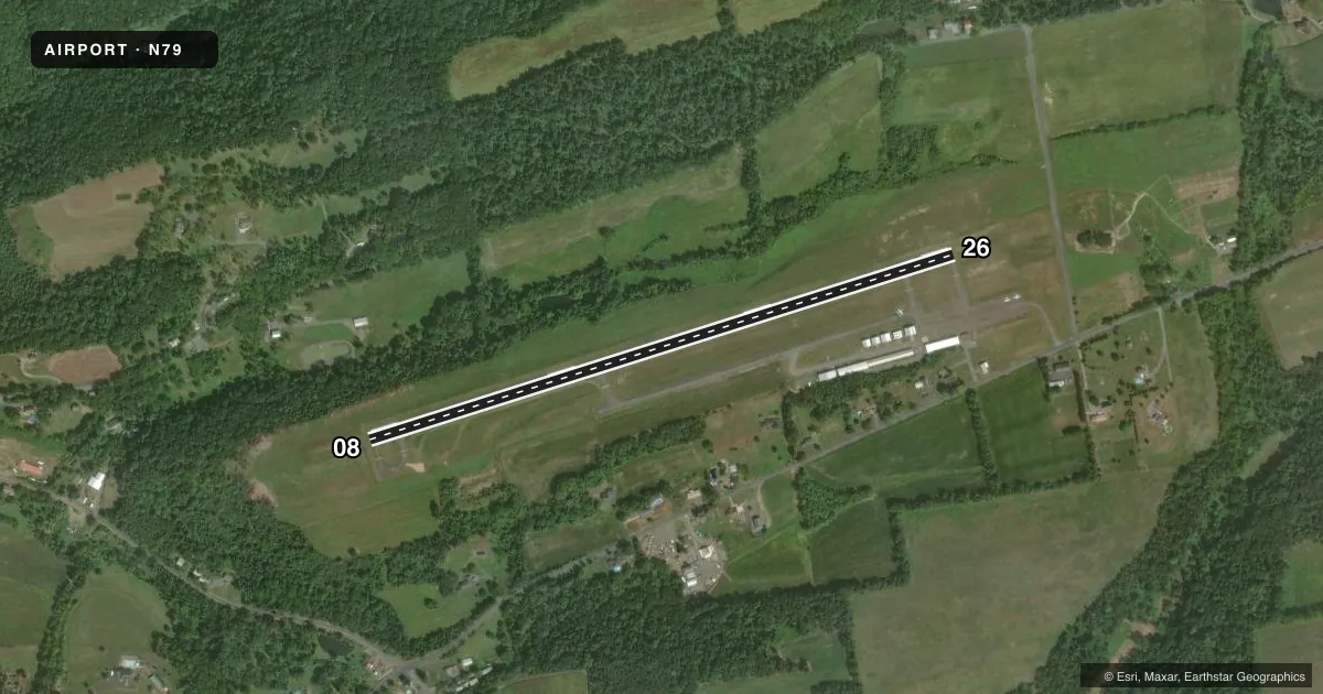 Top-down satellite sketch of N79 NORTHUMBERLAND COUNTY in SHAMOKIN, PENNSYLVANIA, showing runways 08/26 drawn to scale over Esri World Imagery