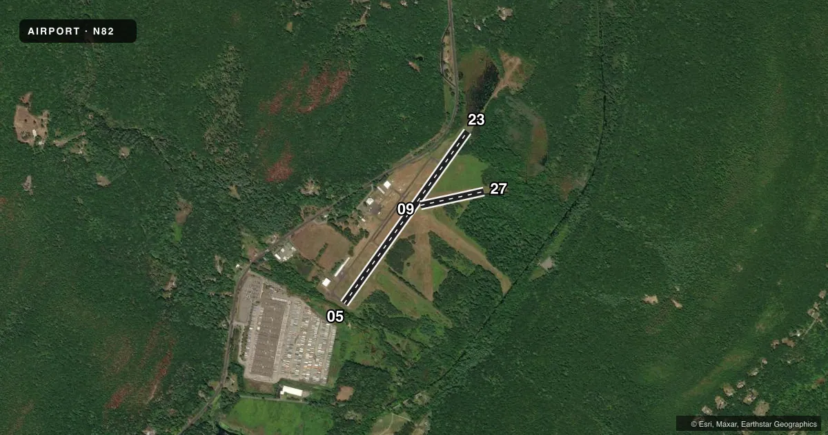 Top-down satellite sketch of N82 WURTSBORO/SULLIVAN COUNTY in WURTSBORO, NEW YORK, showing runways 05/23, 09/27 drawn to scale over Esri World Imagery