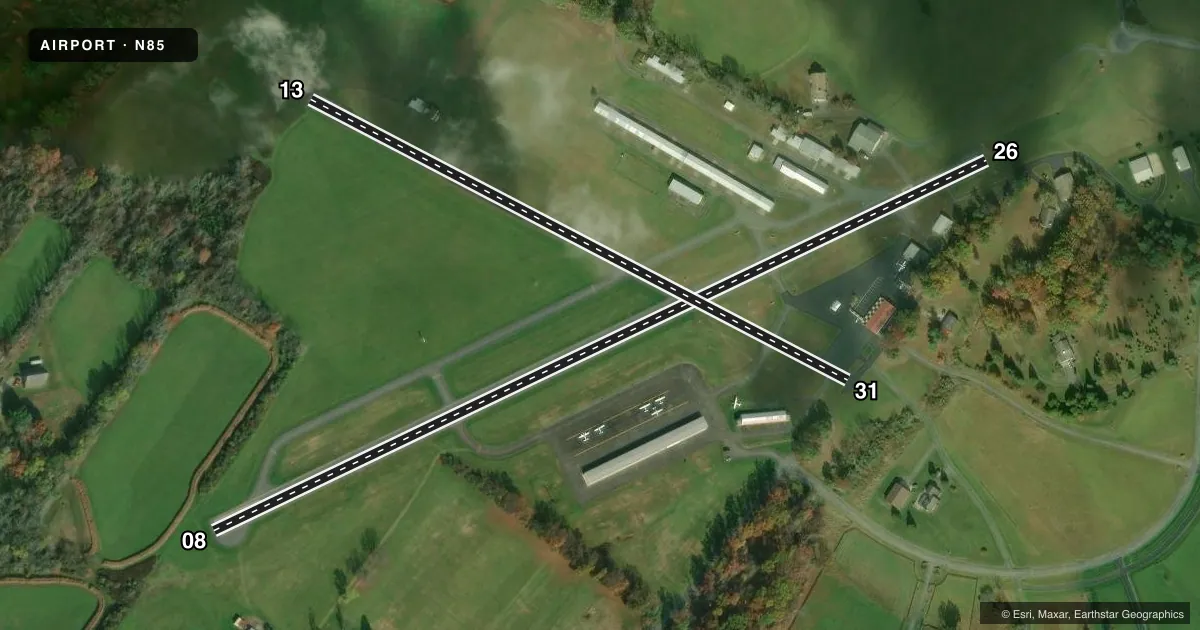 Top-down satellite sketch of N85 ALEXANDRIA in PITTSTOWN, NEW JERSEY, showing runways 08/26, 13/31 drawn to scale over Esri World Imagery