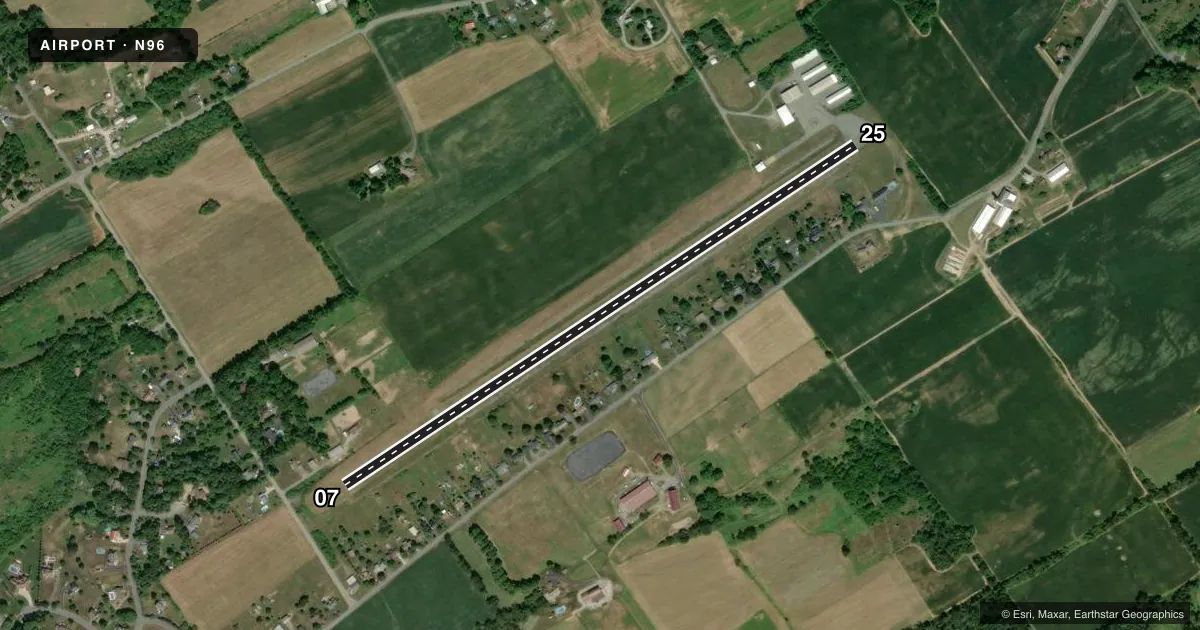 Top-down satellite sketch of N96 BELLEFONTE in BELLEFONTE, PENNSYLVANIA, showing runways 07/25 drawn to scale over Esri World Imagery