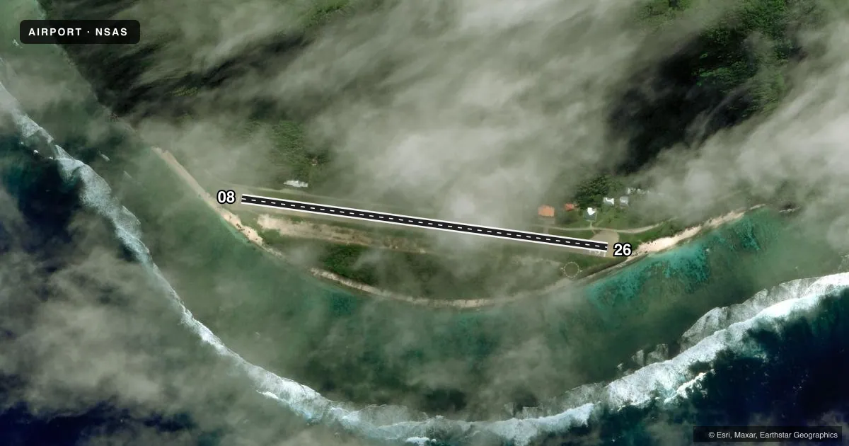 Top-down satellite sketch of NSAS OFU in OFU VILLAGE, AMERICAN SAMOA, showing runways 08/26 drawn to scale over Esri World Imagery