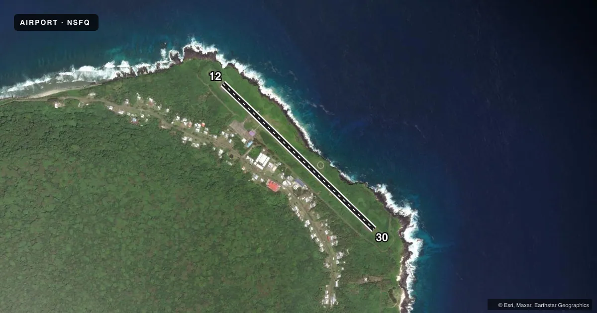 Top-down satellite sketch of NSFQ FITIUTA in FITIUTA VILLAGE, AMERICAN SAMOA, showing runways 12/30 drawn to scale over Esri World Imagery