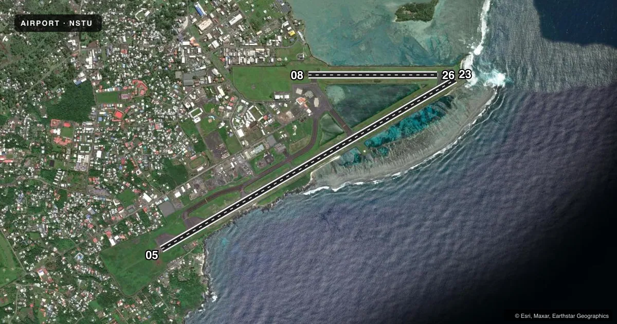Top-down satellite sketch of NSTU PAGO PAGO INTL in PAGO PAGO, AMERICAN SAMOA, showing runways 05/23, 08/26 drawn to scale over Esri World Imagery