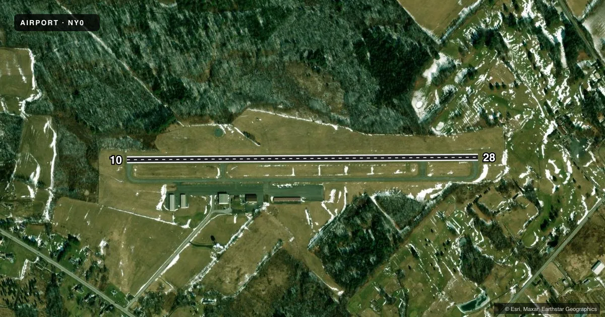 Top-down satellite sketch of NY0 FULTON COUNTY in JOHNSTOWN, NEW YORK, showing runways 10/28 drawn to scale over Esri World Imagery