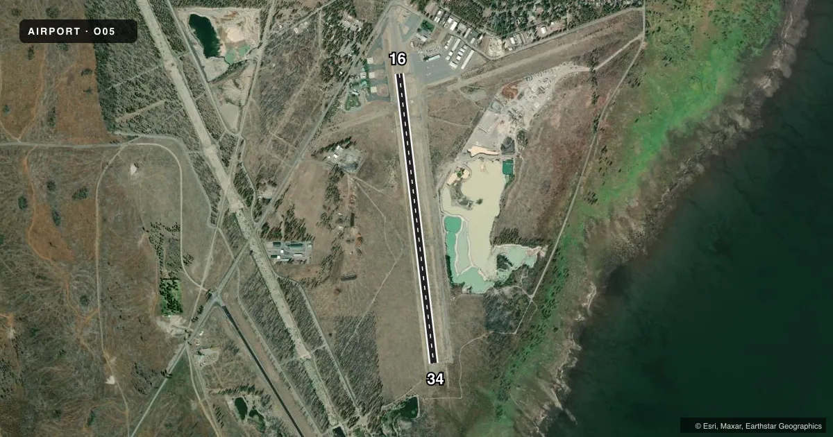 Top-down satellite sketch of O05 ROGERS FLD in CHESTER, CALIFORNIA, showing runways 16/34 drawn to scale over Esri World Imagery