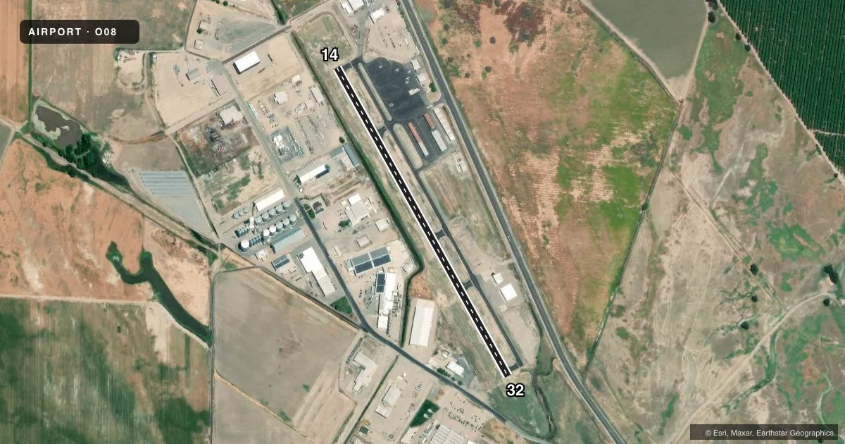 Top-down satellite sketch of O08 SIDNEY PICKELS FLD in COLUSA, CALIFORNIA, showing runways 14/32 drawn to scale over Esri World Imagery