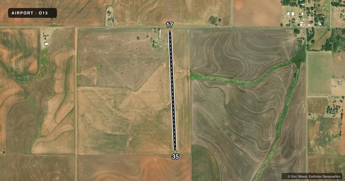 Top-down satellite sketch of O13 HADDOCK FLD in ERICK, OKLAHOMA, showing runways 17/35 drawn to scale over Esri World Imagery