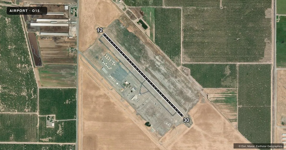 Top-down satellite sketch of O15 TURLOCK MUNI in TURLOCK, CALIFORNIA, showing runways 12/30 drawn to scale over Esri World Imagery