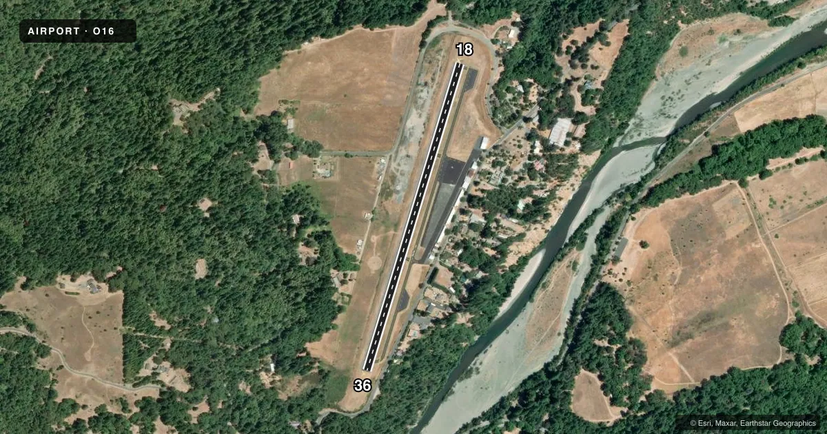 Top-down satellite sketch of O16 GARBERVILLE in GARBERVILLE, CALIFORNIA, showing runways 18/36 drawn to scale over Esri World Imagery
