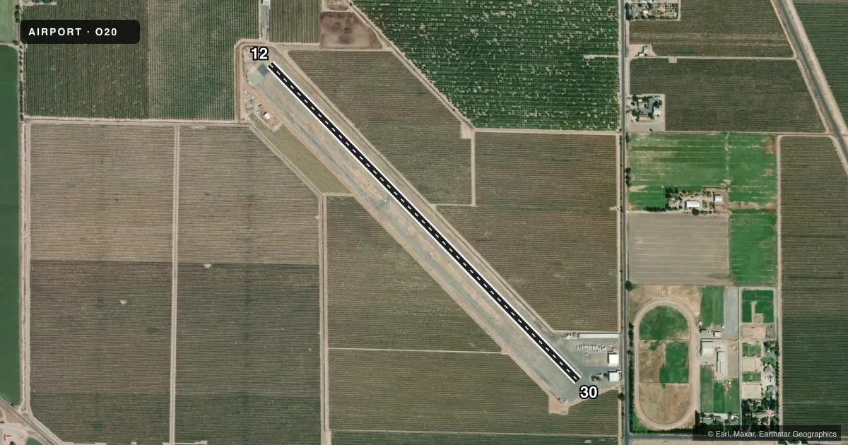 Top-down satellite sketch of O20 KINGDON AIRPARK in LODI, CALIFORNIA, showing runways 12/30 drawn to scale over Esri World Imagery