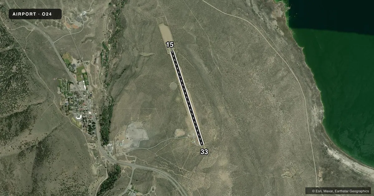Top-down satellite sketch of O24 LEE VINING in LEE VINING, CALIFORNIA, showing runways 15/33 drawn to scale over Esri World Imagery