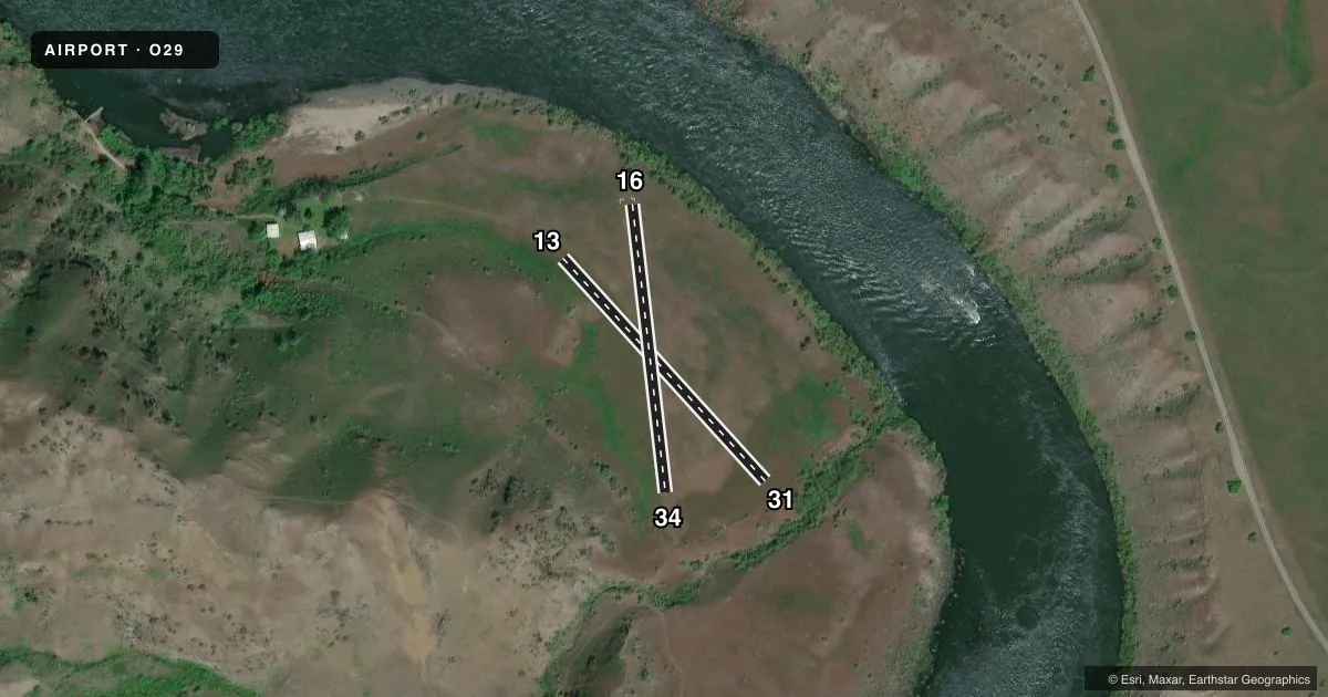 Top-down satellite sketch of O29 PITTSBURG LANDING in IMNAHA, OREGON, showing runways 13/31, 16/34 drawn to scale over Esri World Imagery