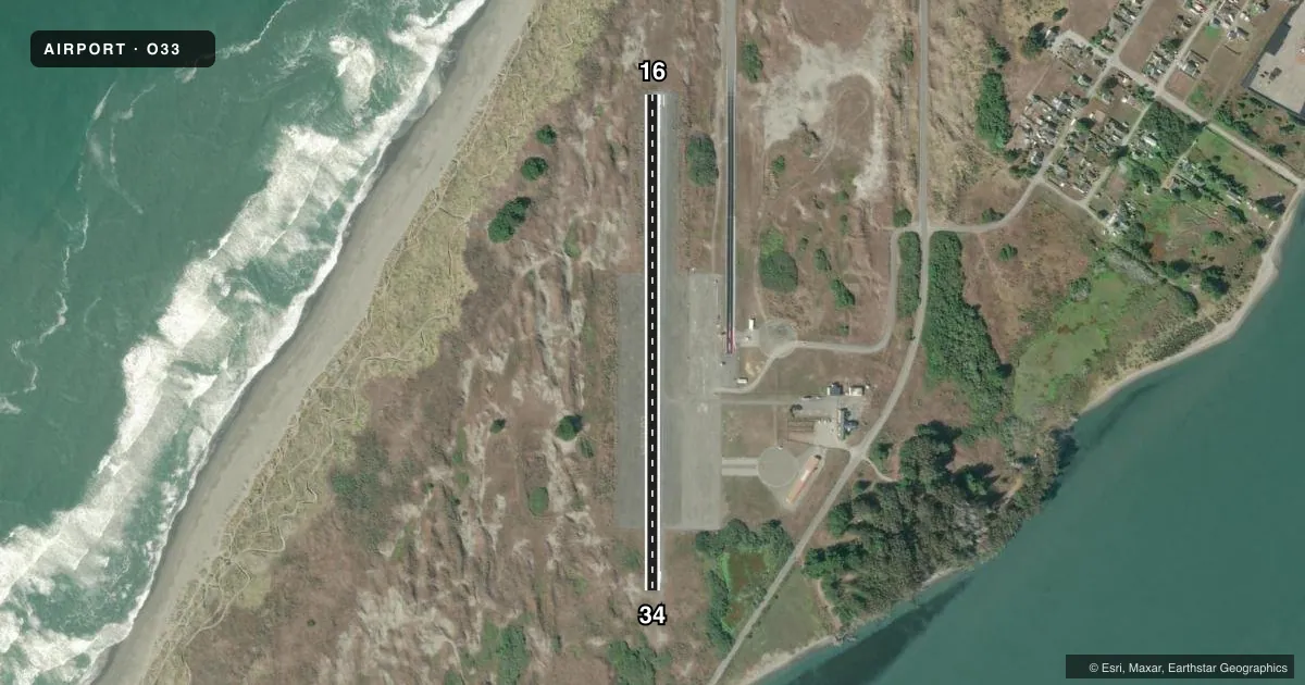 Top-down satellite sketch of O33 SAMOA FLD in EUREKA, CALIFORNIA, showing runways 16/34 drawn to scale over Esri World Imagery