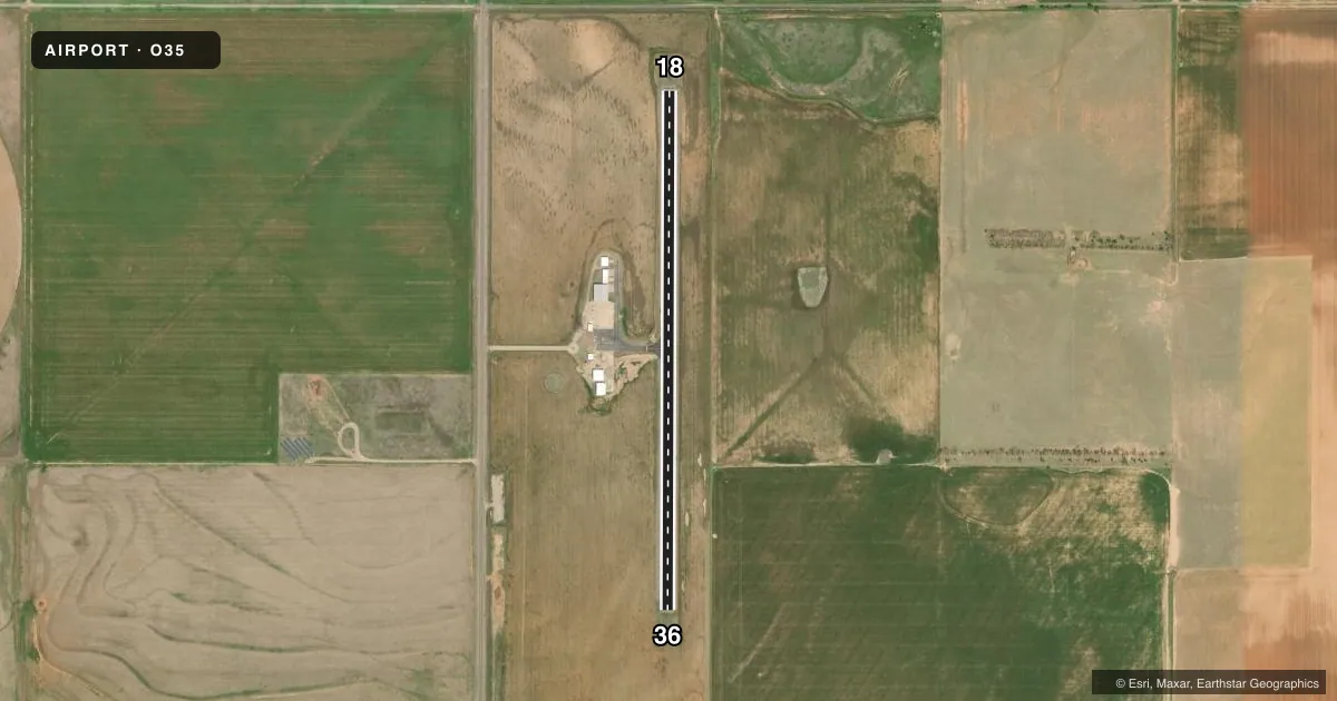 Top-down satellite sketch of O35 HOLLIS MUNI in HOLLIS, OKLAHOMA, showing runways 18/36 drawn to scale over Esri World Imagery