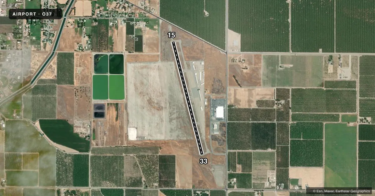 Top-down satellite sketch of O37 HAIGH FLD in ORLAND, CALIFORNIA, showing runways 15/33 drawn to scale over Esri World Imagery