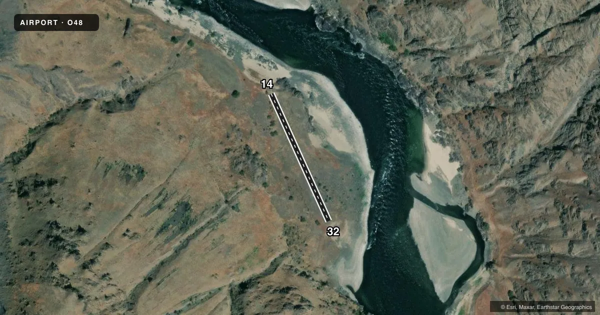 Top-down satellite sketch of O48 SALMON BAR in IMNAHA, OREGON, showing runways 14/32 drawn to scale over Esri World Imagery
