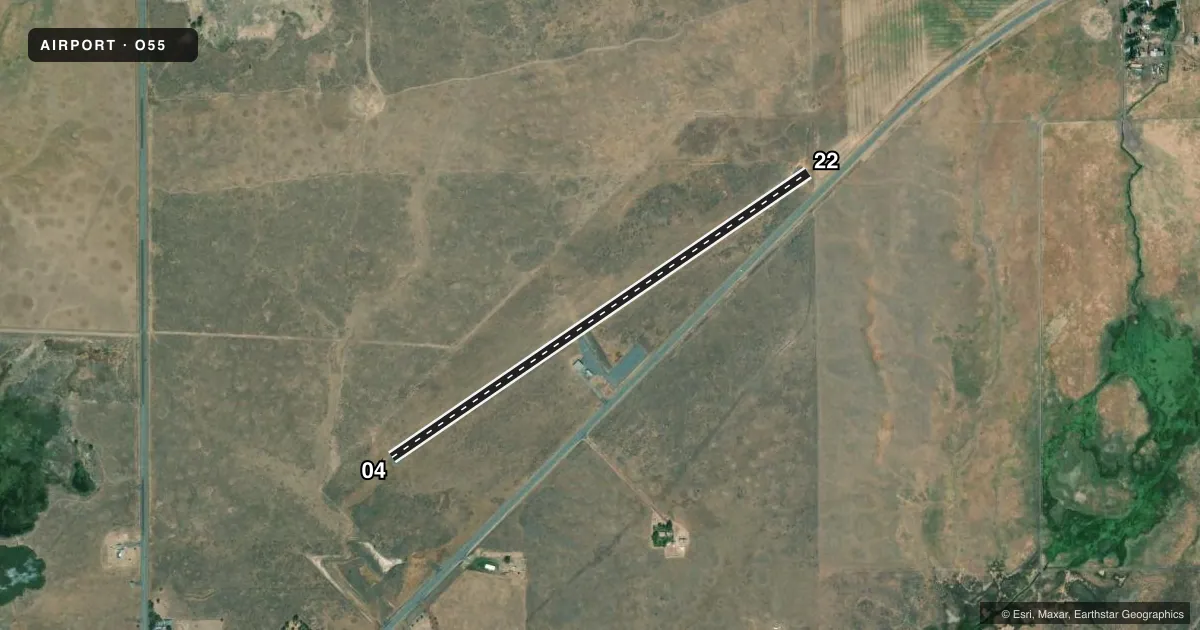 Top-down satellite sketch of O55 SOUTHARD FLD in BIEBER, CALIFORNIA, showing runways 04/22 drawn to scale over Esri World Imagery