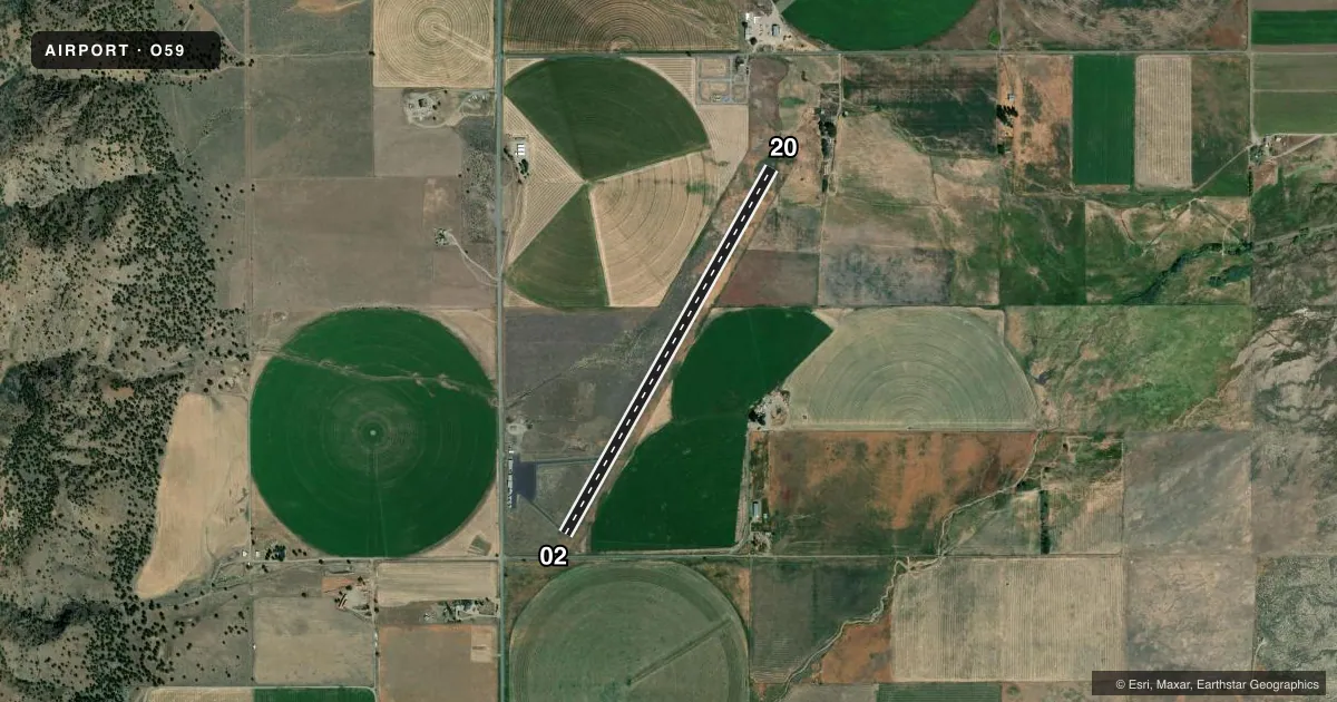 Top-down satellite sketch of O59 CEDARVILLE in CEDARVILLE, CALIFORNIA, showing runways 02/20 drawn to scale over Esri World Imagery