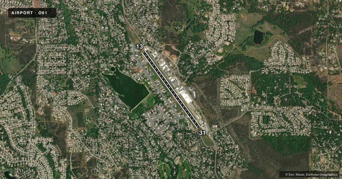Top-down satellite sketch of O61 CAMERON PARK in CAMERON PARK, CALIFORNIA, showing runways 13/31 drawn to scale over Esri World Imagery